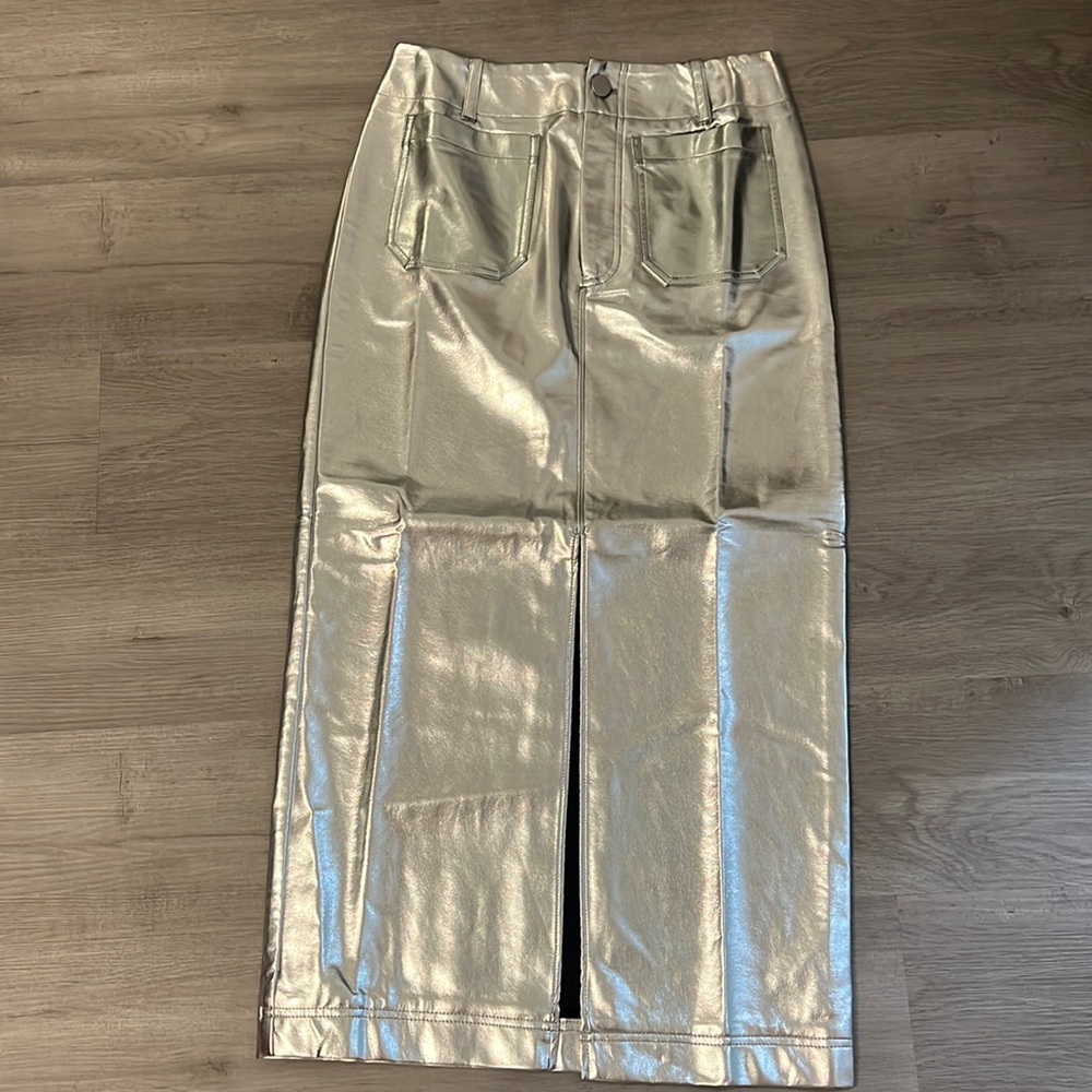 Anthropologie Metallic Silver Midi Skirt